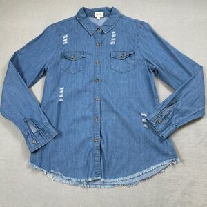 Dizzy Gal Denim Shirt Distressed Womens M Blue Frayed Button Up Long Sleeve